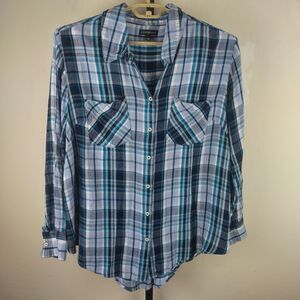 Lane Bryant Button Front Long Sleeve Flannel Shirt Rayon Blue Teal